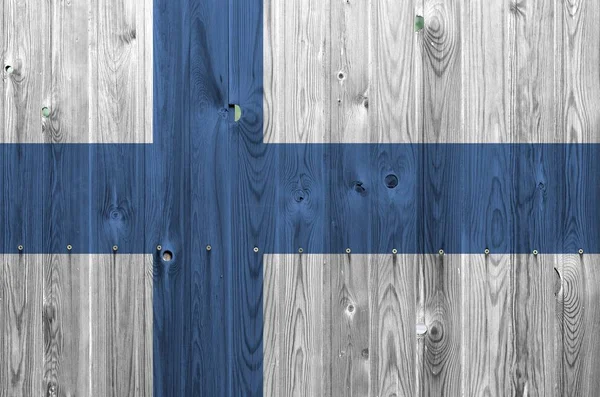 Finlands Flagga Avbildad Klara Färger Gamla Träväggar Nära Håll Texturerad — Stockfoto