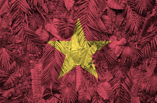 Vietnam Zászló Ábrázolt Sok Levél Szörnypálmafák Trendi Divatos Háttér — Stock Fotó