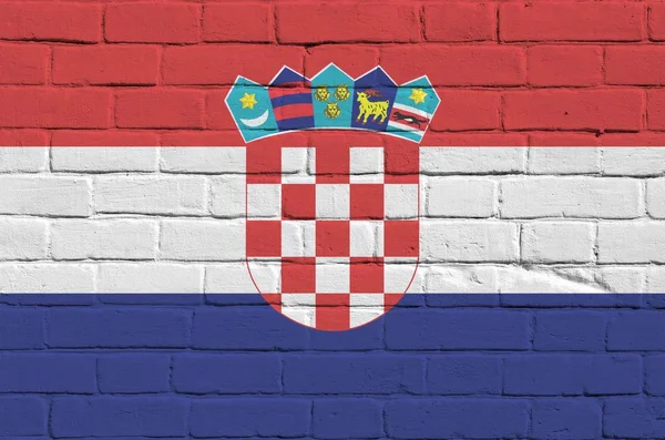 Chorvatská Vlajka Vyobrazená Barvách Barvy Staré Cihlové Zdi Zblízka Texturované — Stock fotografie