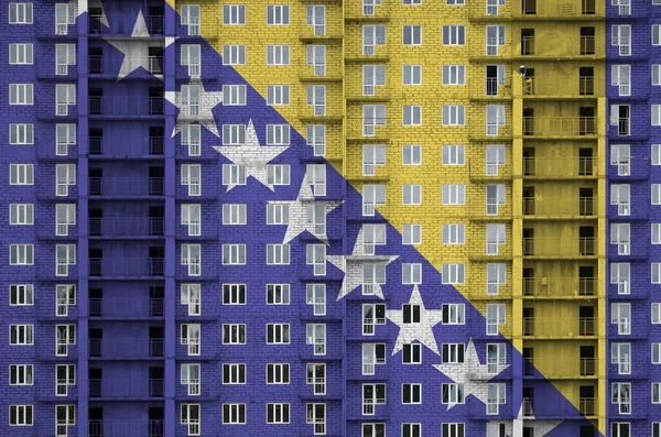 Bosnien Herzegowina Flagge Lackfarben Auf Mehrstöckigem Wohnhaus Bau Texturiertes Banner — Stockfoto