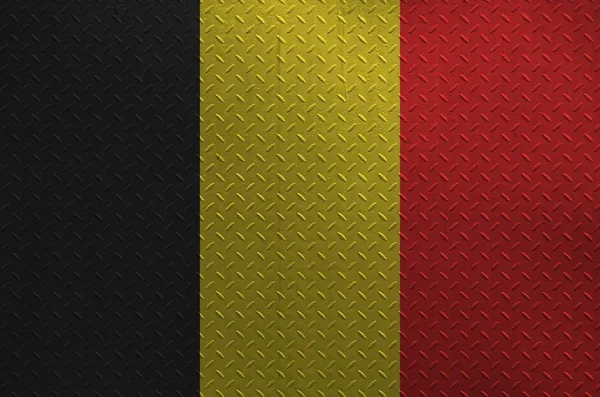 Bandeira Bélgica Retratada Cores Tinta Placa Metal Escovado Velho Parede — Fotografia de Stock