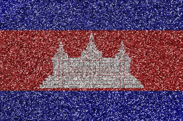 Bandeira Camboja Retratada Muitas Pequenas Lantejoulas Brilhantes Fundo Colorido Festival — Fotografia de Stock