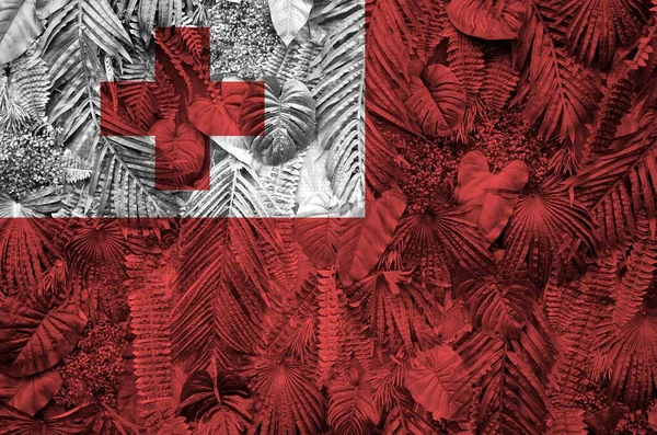 Tonga Vlag Afgebeeld Vele Bladeren Van Monstera Palmbomen Trendy Modieuze — Stockfoto