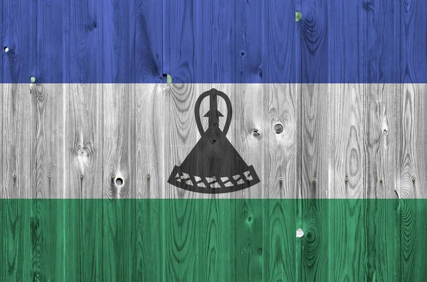 Lesotho Flagge Hellen Farben Auf Alten Hölzernen Wand Großaufnahme Dargestellt — Stockfoto