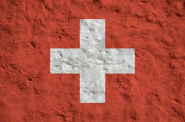 Švýcarská Vlajka Vyobrazená Jasných Barvách Staré Reliéfní Omítce Zblízka Texturovaný — Stock fotografie