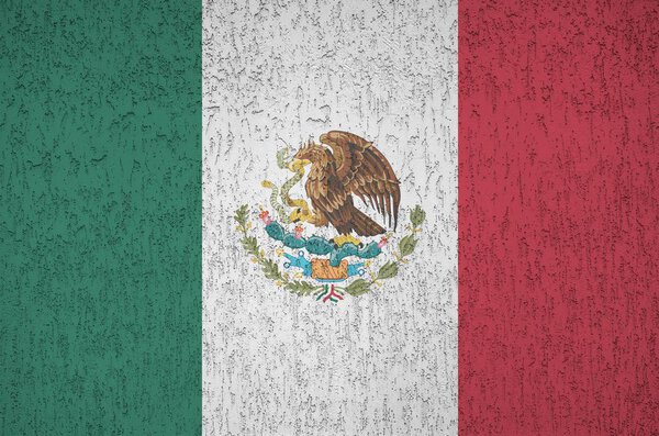 Mexico flag depicted in bright paint colors on old relief plastering wall close up. Textured banner on rough background