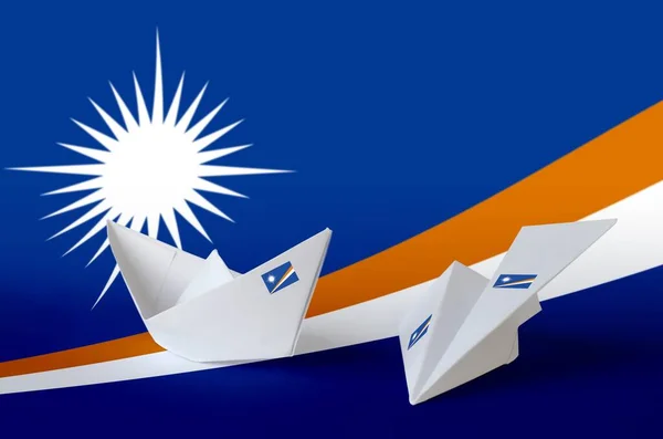 Marshallöarna Flagga Avbildad Papper Origami Flygplan Och Båt Orientalisk Handgjord — Stockfoto