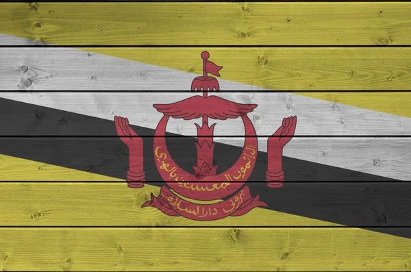 Bandeira Brunei Darussalam Retratada Cores Pintura Brilhantes Parede Madeira Velha — Fotografia de Stock