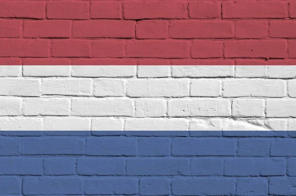 Netherlands flag depicted in paint colors on old brick wall close up. Textured banner on big brick wall masonry background