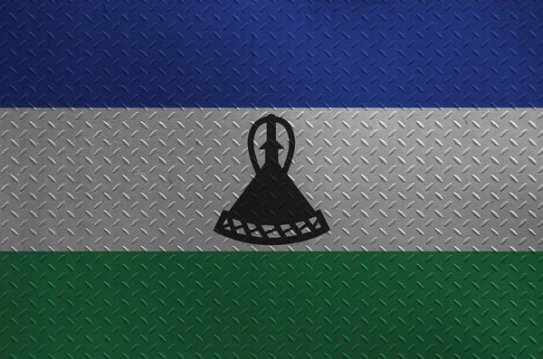 Bandiera Lesotho Raffigurata Colori Vernice Vecchia Lastra Metallo Spazzolato Parete — Foto Stock