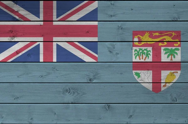 Drapeau Des Fidji Représenté Couleurs Vives Sur Vieux Mur Bois — Photo