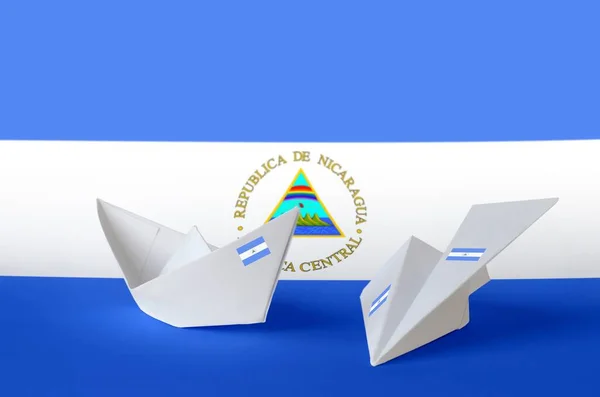 Bandeira Nicarágua Retratada Papel Origami Avião Barco Oriental Artesanal Artes — Fotografia de Stock