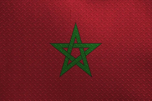 Marocká Vlajka Vyobrazená Barvách Staré Kartáčované Kovové Desce Nebo Stěně — Stock fotografie