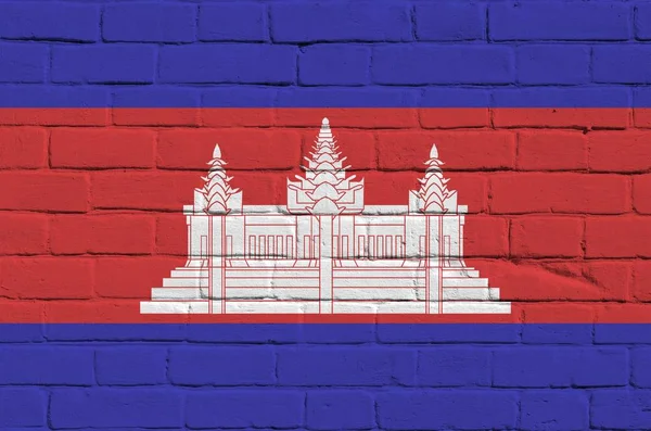 Kambodžská Vlajka Zblízka Vyobrazená Barvách Starých Cihlových Zdech Texturované Banner — Stock fotografie