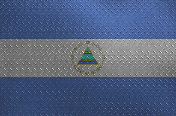 Flaga Nikaragui Przedstawiona Kolorach Farby Starej Szczotkowanej Metalowej Płycie Lub — Zdjęcie stockowe
