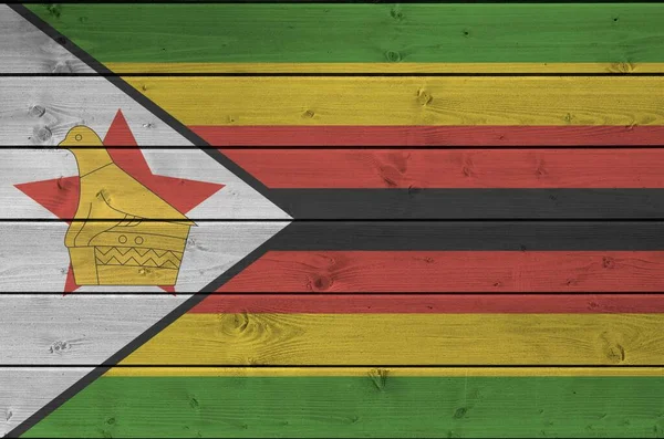 Simbabwe Flagge Hellen Farben Auf Alten Holzwänden Aus Nächster Nähe — Stockfoto