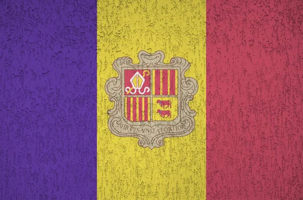 Bandeira Andorra Retratada Cores Tinta Brilhantes Parede Reboco Relevo Antigo — Fotografia de Stock