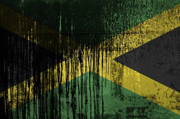 Jamajská Vlajka Zblízka Vyobrazená Barvách Barvy Staré Špinavé Stěně Sudu — Stock fotografie
