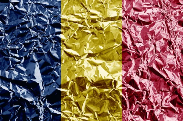 Csád Zászló Festett Színekben Csillogó Gyűrött Alumínium Fólia Közeli Texturált — Stock Fotó