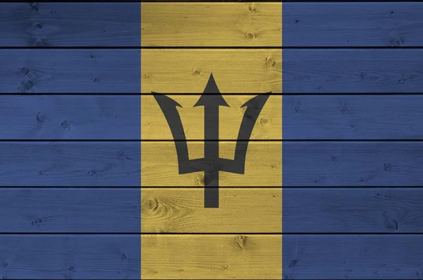 Bandeira Barbados Retratada Cores Tinta Brilhante Parede Madeira Velha Fechar — Fotografia de Stock