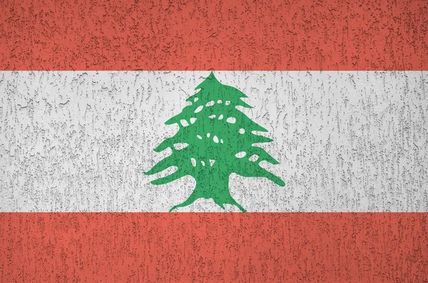 Die Libanesische Flagge Hellen Farbtönen Auf Alten Reliefputzwänden Großaufnahme Texturiertes — Stockfoto