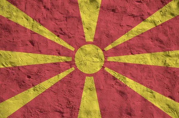 Bandera Macedonia Representada Colores Pintura Brillantes Pared Yeso Relieve Viejo — Foto de Stock