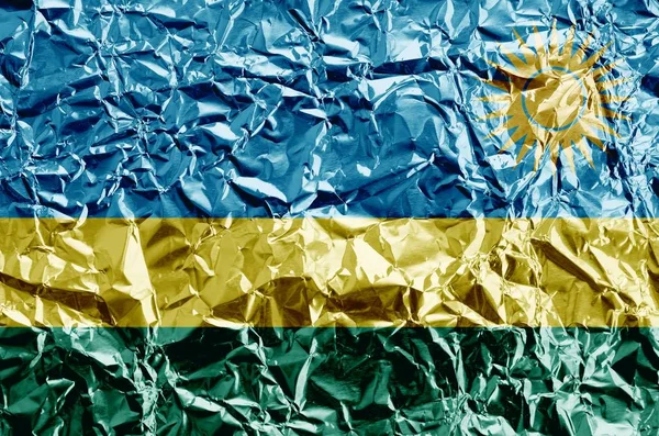 Rwanda Flag Depicted Paint Colors Shiny Crumpled Aluminium Foil Close — Stock Photo, Image