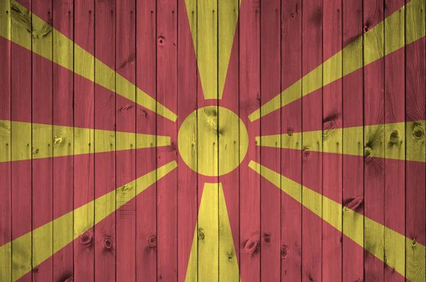 Bandera Macedonia Representada Colores Pintura Brillantes Antigua Pared Madera Cerca — Foto de Stock