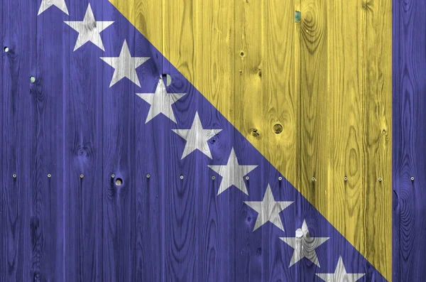 Drapeau Bosnie Herzégovine Représenté Couleurs Vives Sur Vieux Mur Bois — Photo