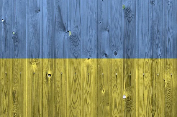 Ukraine Flag Depicted Bright Paint Colors Old Wooden Wall Close — Stock Photo, Image