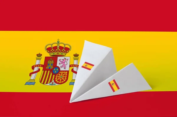Bandera España Representada Avión Origami Papel Concepto Arte Artesanal Oriental — Foto de Stock