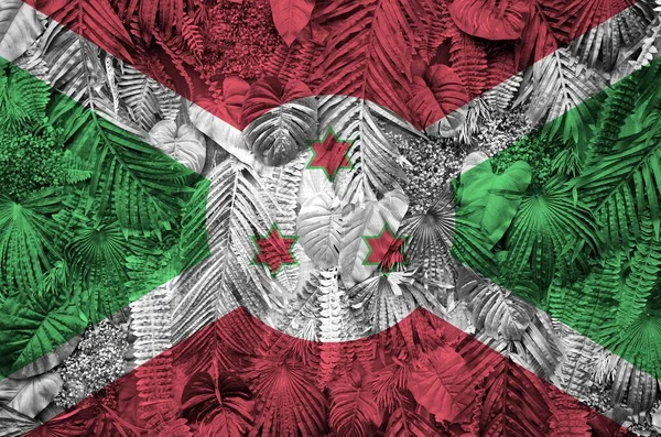 Burundi Flagge Auf Vielen Blättern Von Monsterpalmen Trendiger Modischer Hintergrund — Stockfoto