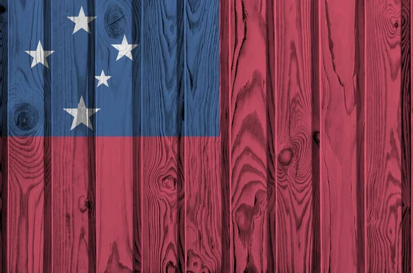 Samoa Flagge Leuchtenden Farben Auf Alten Holzwänden Großaufnahme Texturiertes Banner — Stockfoto