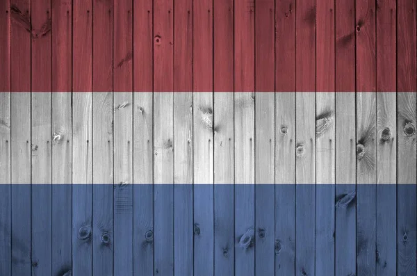 Bandeira Holandesa Retratada Cores Tinta Brilhante Parede Madeira Velha Perto — Fotografia de Stock