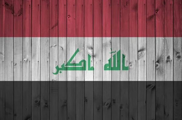 Bandeira Iraque Retratada Cores Tinta Brilhante Parede Madeira Velha Perto — Fotografia de Stock