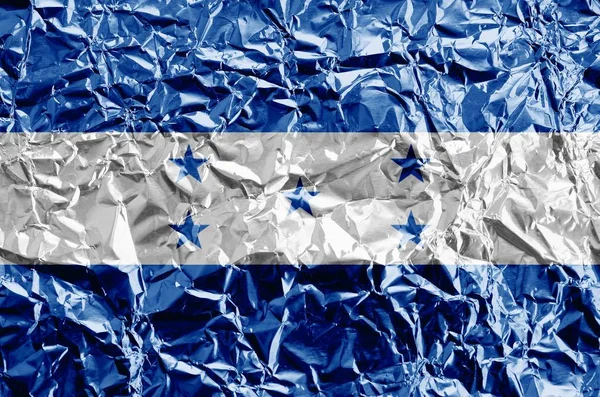 Honduras Bayrağı Parlak Buruşuk Alüminyum Folyoyla Boyanmış Kabataslak Arkaplanda Desenli — Stok fotoğraf