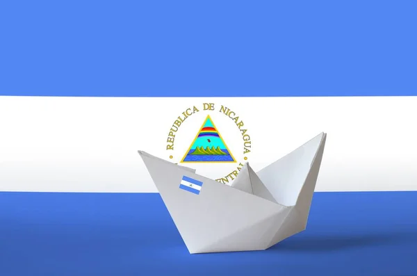 Флаг Никарагуа Изображён Бумажном Корабле Оригами Крупным Планом Концепция Восточного — стоковое фото