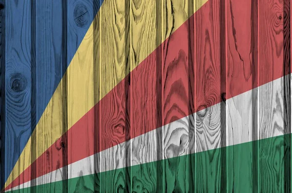 Seychellen Flagge Hellen Farbtönen Alter Holzwand Großaufnahme Texturiertes Banner Auf — Stockfoto