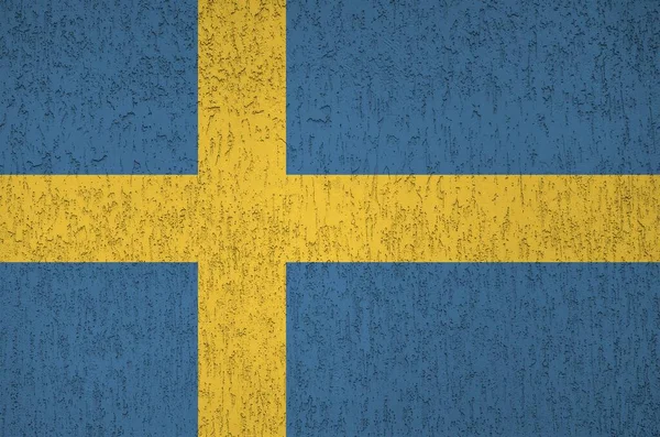 Sweden Flag Depicted Bright Paint Colors Old Relief Plastering Wall — Stock Photo, Image