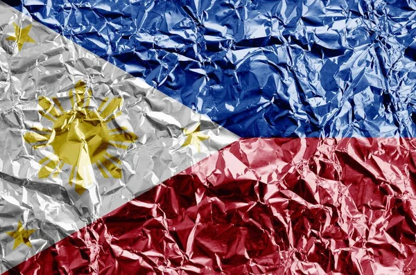 Philippines Flag Depicted Paint Colors Shiny Crumpled Aluminium Foil Close — Stock Photo, Image