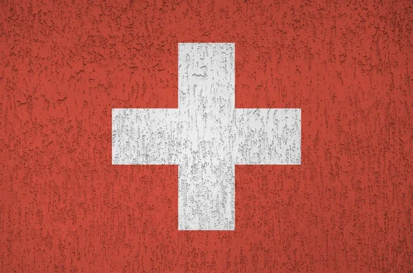 Švýcarská Vlajka Vyobrazená Jasných Barvách Staré Reliéfní Omítce Zblízka Texturovaný — Stock fotografie