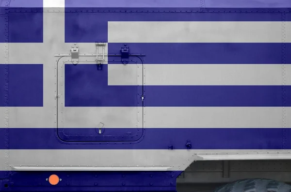 Greece Flag Depicted Side Part Military Armored Truck Close Army — Stock Photo, Image