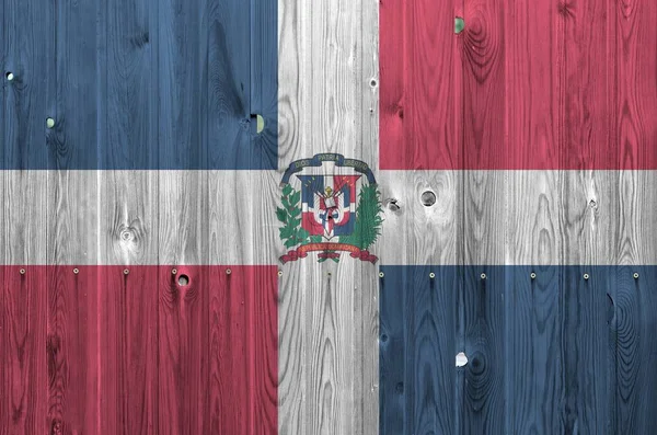 Dominikánská Republika Vlajka Vyobrazena Jasných Barvách Staré Dřevěné Zdi Zblízka — Stock fotografie
