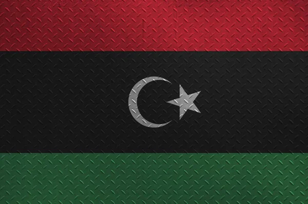 Bandeira Líbia Retratada Cores Tinta Placa Metal Escovado Velho Parede — Fotografia de Stock