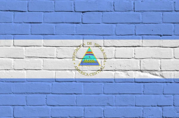 Nicaragua Flagga Avbildad Färg Färger Gamla Tegelvägg Närbild Texturerad Banner — Stockfoto