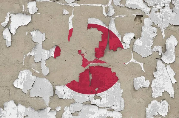 Japan flag depicted in paint colors on old obsolete messy concrete wall close up. Textured banner on rough background