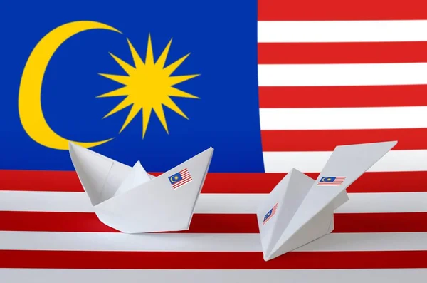 Malaysia Flag Depicted Paper Origami Airplane Boat Oriental Handmade Arts — Stock Photo, Image