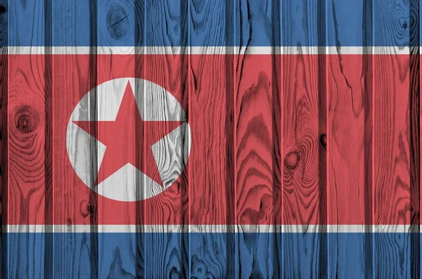 Bandeira Coreia Norte Retratada Cores Tinta Brilhante Parede Madeira Velha — Fotografia de Stock