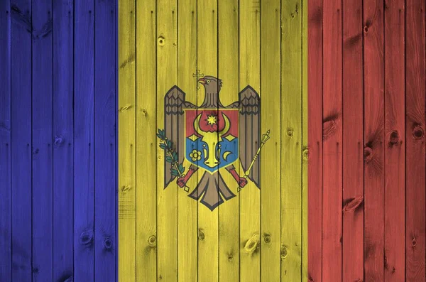 Bandera Moldavia Representada Colores Pintura Brillantes Antigua Pared Madera Cerca — Foto de Stock