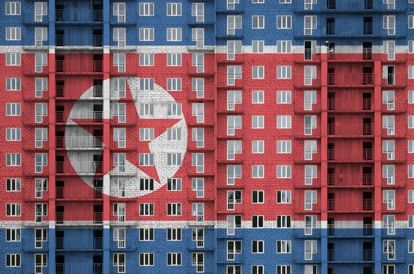 North Korea Flag Depicted Paint Colors Multi Storey Residental Building — Stock Photo, Image
